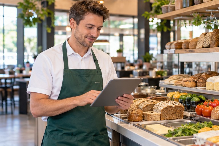 Medewerker met tablet in een broodjeszaak